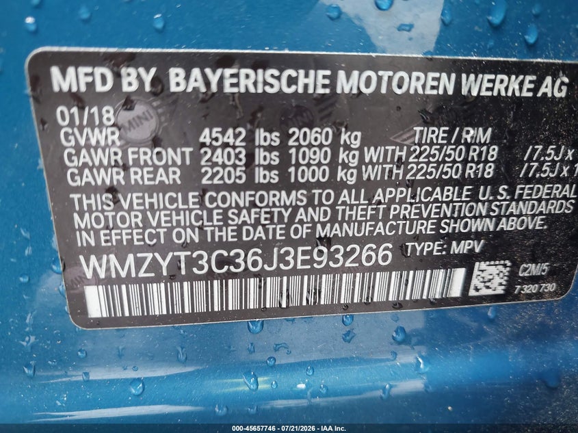 2018 Mini Countryman VIN WMZYT3C36J3E93266 IAAI salvage auction — FRONT END, Wait Title, sold $3,475 on 2026-08-06 (photo 9)