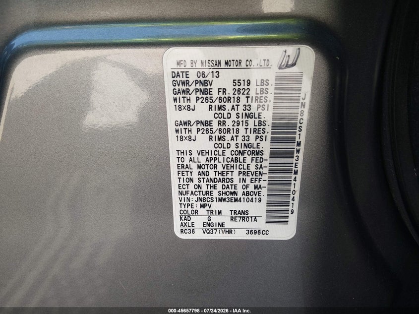 2014 Infiniti Qx70 VIN JN8CS1MW3EM410419 IAAI salvage auction — NORMAL WEAR, Clear (New York), sold $25 on 2026-07-30 (photo 9)