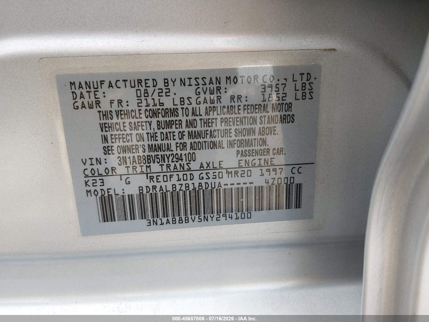 2022 Nissan Sentra VIN 3N1AB8BV5NY294100 IAAI salvage auction — NORMAL WEAR, SF97 (Virginia), sold $10,400 on 2026-07-22 (photo 9)