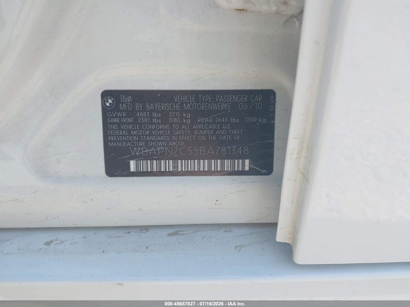 2011 BMW 3 series VIN WBAPN7C55BA781348 IAAI salvage auction — WATER/FLOOD, Salvage (Ohio), sold $575 on 2026-08-04 (photo 9)