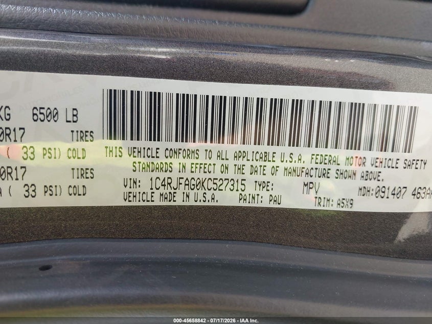 2019 Jeep Grand cherokee VIN 1C4RJFAG0KC527315 IAAI salvage auction — WATER/FLOOD, Salvage Title, sold $4,150 on 2026-07-31 (photo 9)