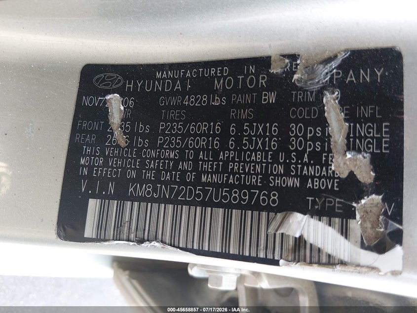 2007 Hyundai Tucson VIN KM8JN72D57U589768 IAAI salvage auction — NORMAL WEAR, Clear (North Carolina), sold $525 on 2026-07-22 (photo 9)