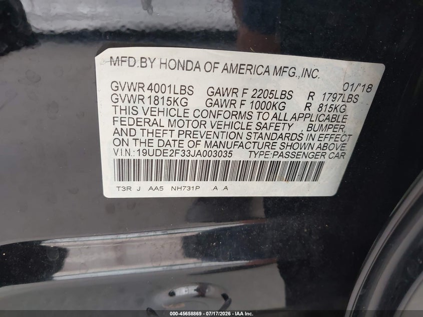 2018 Acura Ilx VIN 19UDE2F33JA003035 IAAI salvage auction — NORMAL WEAR, Salvage Title, sold $2,700 on 2026-07-22 (photo 9)
