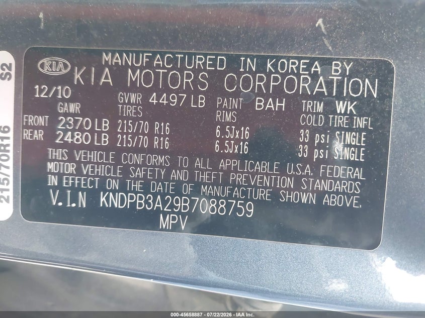2011 Kia Sportage VIN KNDPB3A29B7088759 IAAI salvage auction — NORMAL WEAR, Clear (Alabama), sold $100 on 2026-07-29 (photo 9)