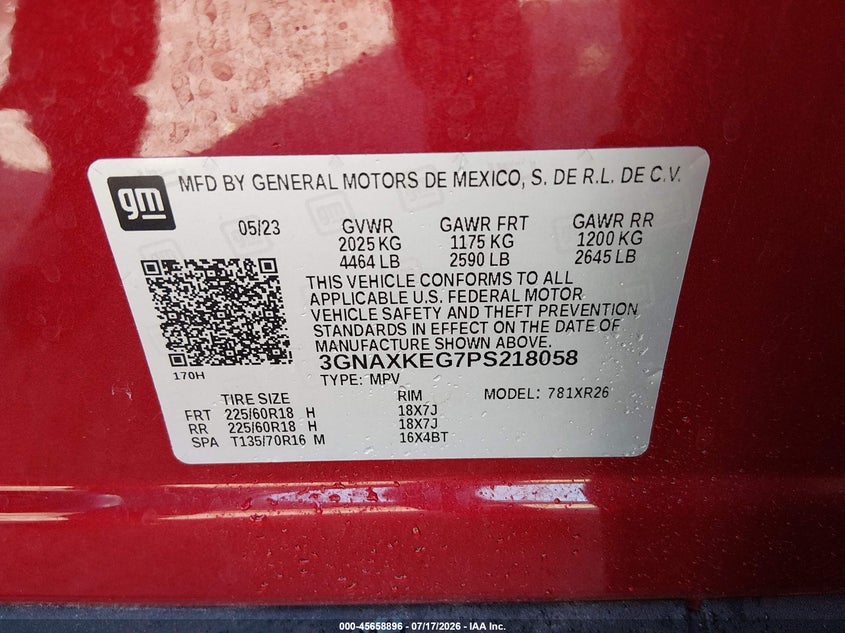 2023 Chevrolet Equinox VIN 3GNAXKEG7PS218058 IAAI salvage auction — RIGHT SIDE, Salvage Title, sold $5,400 on 2026-08-03 (photo 9)