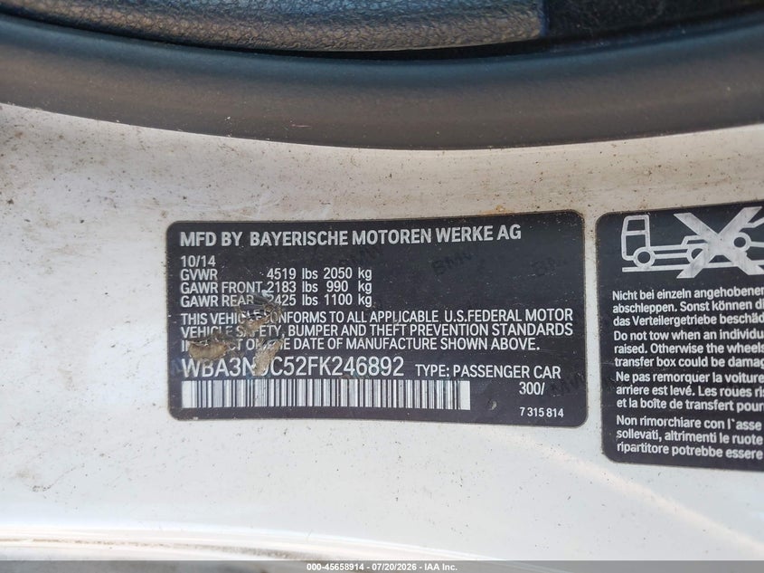 2015 BMW 4er VIN WBA3N9C52FK246892 IAAI salvage auction — NORMAL WEAR, Clear (New York), sold $400 on 2026-07-22 (photo 9)