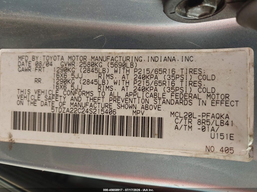 2004 Toyota Sienna VIN 5TDZA22C24S215406 IAAI salvage auction — NORMAL WEAR, Clear (Virginia), sold $500 on 2026-07-29 (photo 9)
