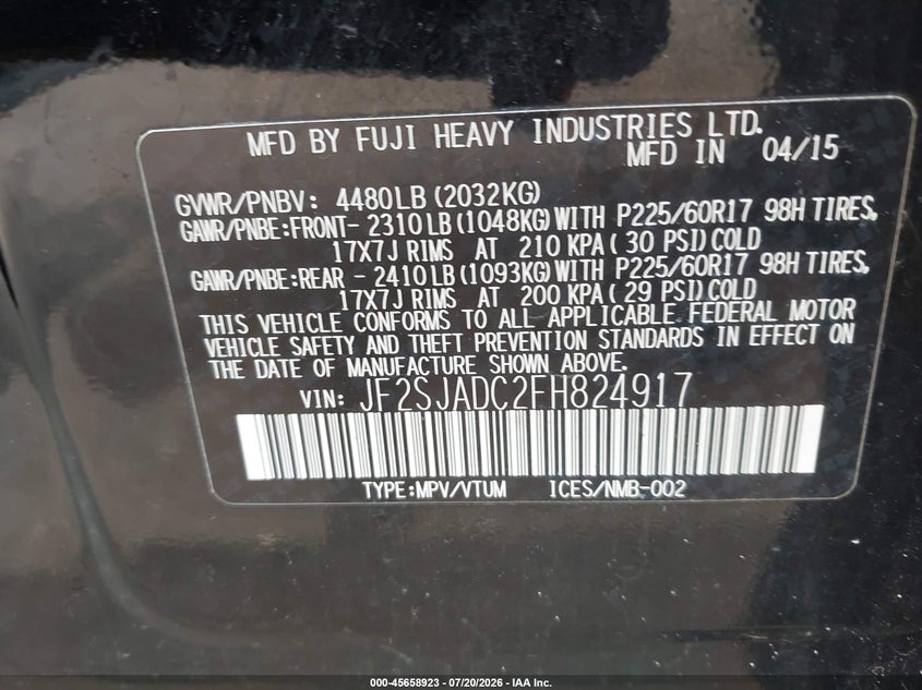 2015 Subaru Forester VIN JF2SJADC2FH824917 IAAI salvage auction — NORMAL WEAR, Clear (Michigan), sold $800 on 2026-07-23 (photo 9)