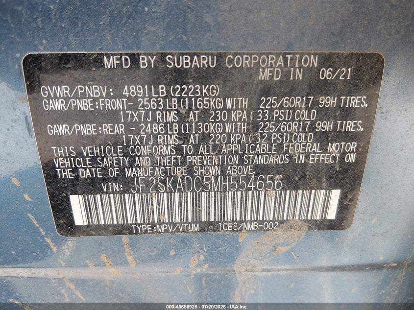 2021 Subaru Forester VIN JF2SKADC5MH554656 IAAI salvage auction — RIGHT FRONT, Salvage (Pennsylvania), sold $975 on 2026-07-28 (photo 9)