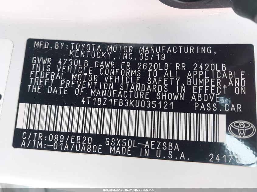 2019 Toyota Avalon VIN 4T1BZ1FB3KU035121 IAAI salvage auction — RIGHT SIDE, Salvage - Greater Than 75% (Maryland), sold $13,300 on 2026-07-31 (photo 9)