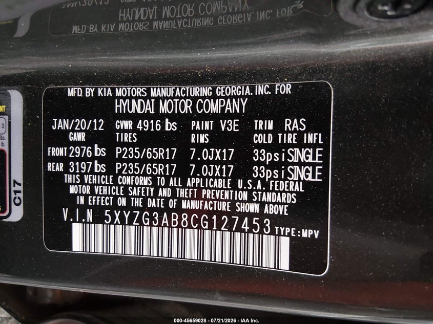 2012 Hyundai Santa fe VIN 5XYZG3AB8CG127453 IAAI salvage auction — NORMAL WEAR, Clear (New Jersey), sold $1,550 on 2026-07-23 (photo 9)