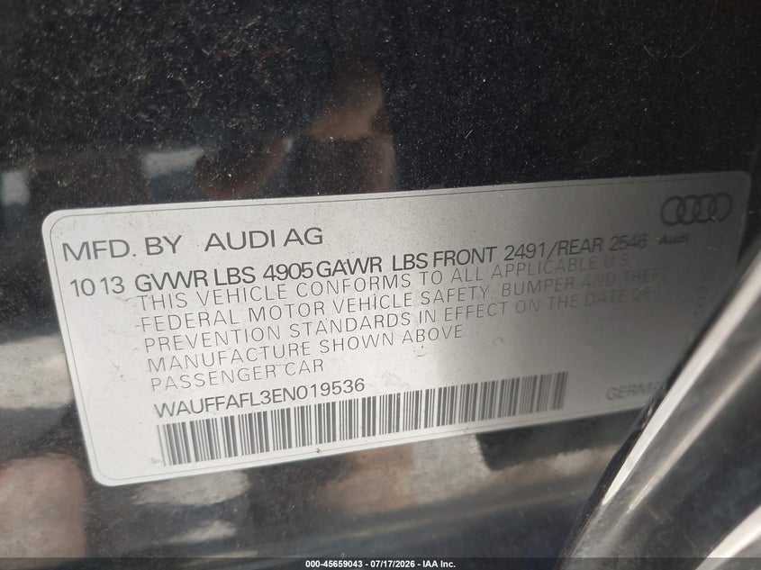 2014 Audi A4 VIN WAUFFAFL3EN019536 IAAI salvage auction — NORMAL WEAR, Original (Texas), sold $1,050 on 2026-07-29 (photo 9)