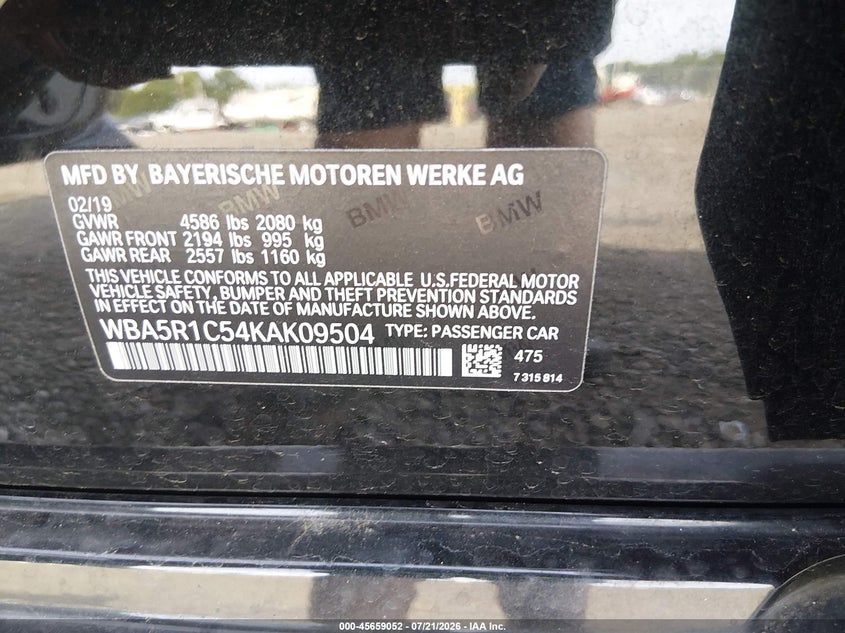 2019 BMW 3er VIN WBA5R1C54KAK09504 IAAI salvage auction — FRONT END, Wait Title, sold $7,500 on 2026-09-23 (photo 9)