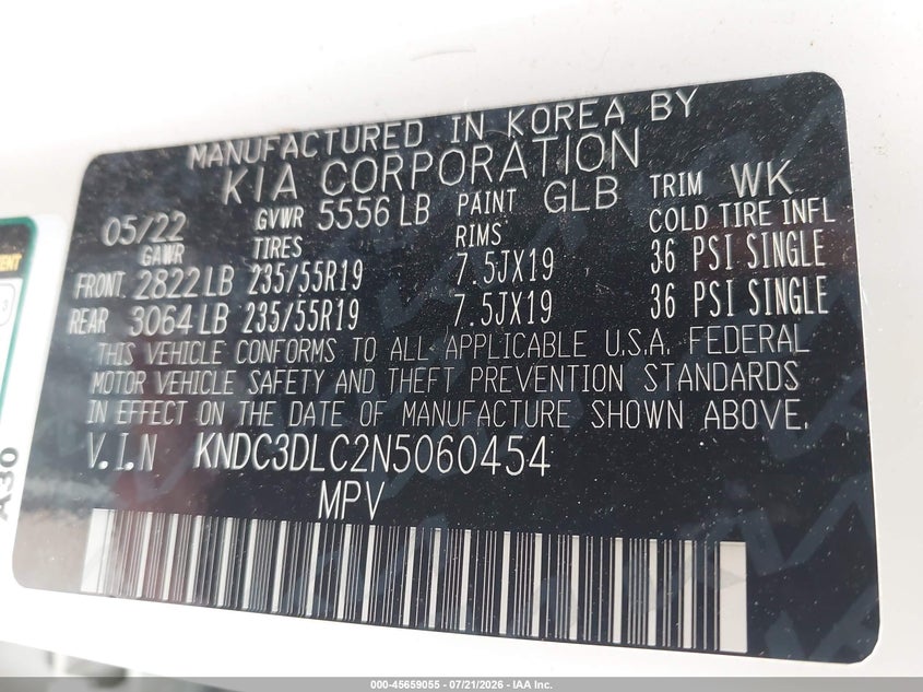 2022 Kia Ev6 VIN KNDC3DLC2N5060454 IAAI salvage auction — FRONT END, Salvage Title, sold $9,200 on 2026-08-02 (photo 9)