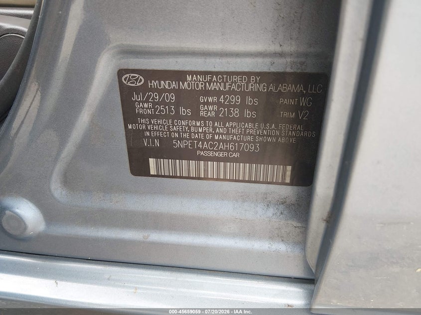 2010 Hyundai Sonata VIN 5NPET4AC2AH617093 IAAI salvage auction — REAR END, Salvage - Greater Than 75% (Maryland), sold $725 on 2026-08-01 (photo 9)
