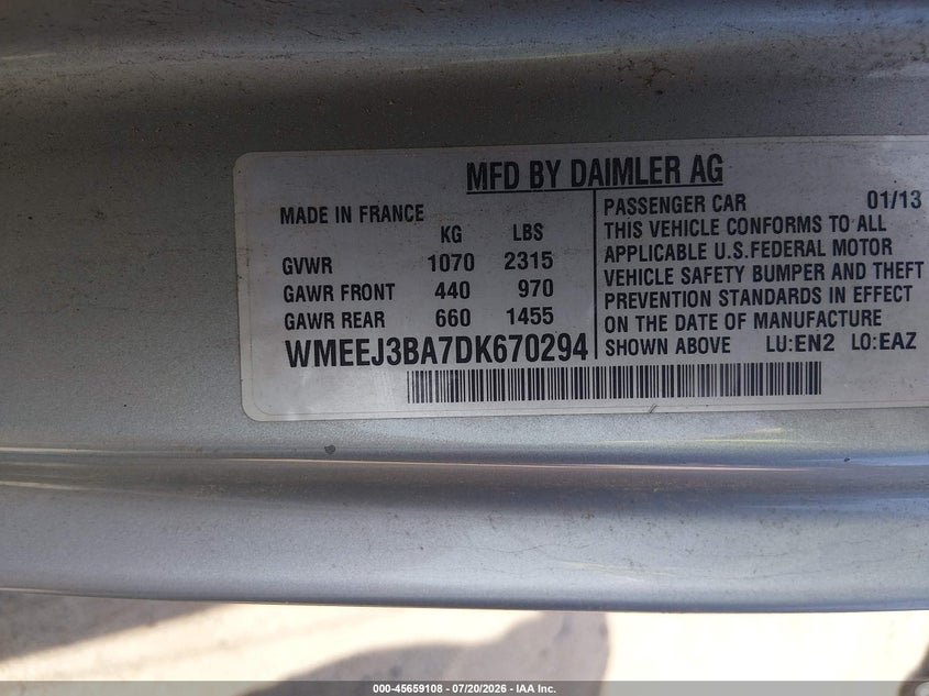 2013 Smart Fortwo VIN WMEEJ3BA7DK670294 IAAI salvage auction — NORMAL WEAR, Clear (Massachusetts), sold $900 on 2026-07-28 (photo 9)
