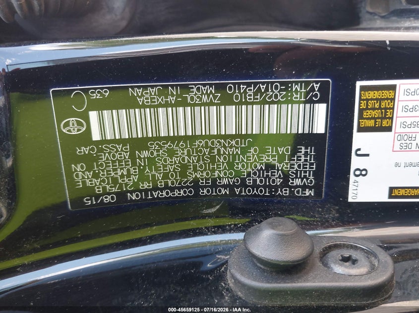 2015 Toyota Prius VIN JTDKN3DU6F1979535 IAAI salvage auction — NORMAL WEAR, Clear (South Carolina), sold $1,350 on 2026-07-28 (photo 9)