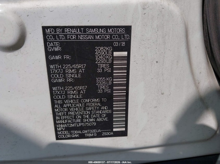 2018 Nissan Rogue VIN KNMAT2MT1JP575079 IAAI salvage auction — SIDE, Salvage Title, sold $1,300 on 2026-08-01 (photo 9)