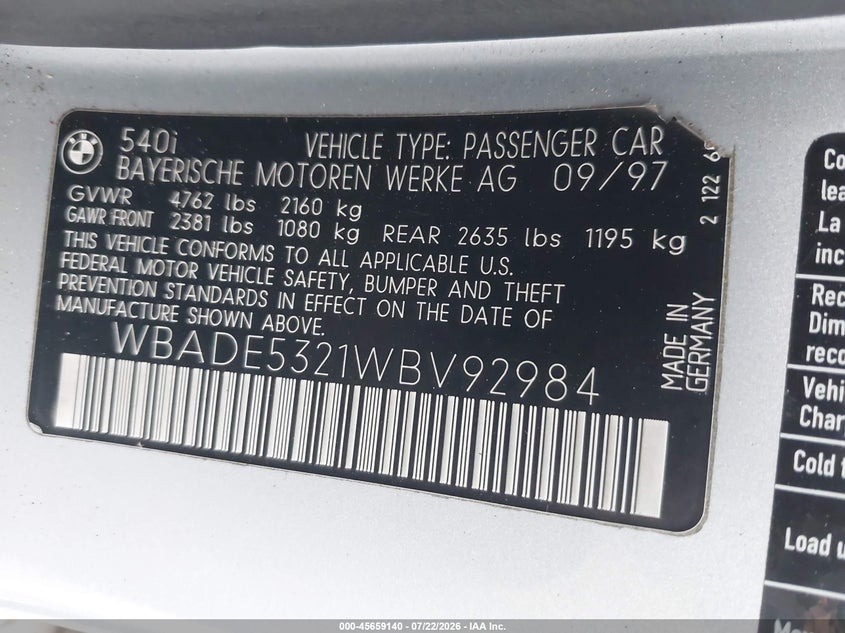 1998 BMW 5 series VIN WBADE5321WBV92984 IAAI salvage auction — ENGINE DAMAGE, Rebuildable (Florida), sold $2,650 on 2026-08-06 (photo 9)