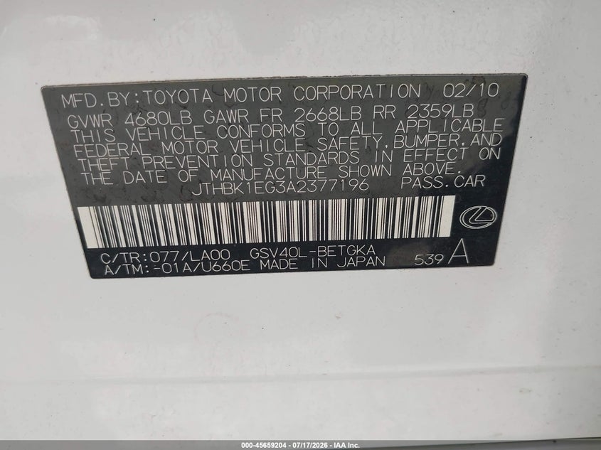 2010 Lexus Es 350 VIN JTHBK1EG3A2377196 IAAI salvage auction — NORMAL WEAR, Clear (Florida), sold $1,275 on 2026-07-30 (photo 9)