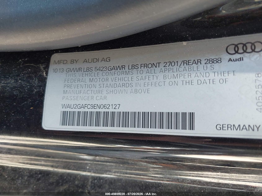 2014 Audi A7 VIN WAU2GAFC9EN062127 IAAI salvage auction — FRONT END, Salvage Title, sold $2,100 on 2026-08-15 (photo 9)