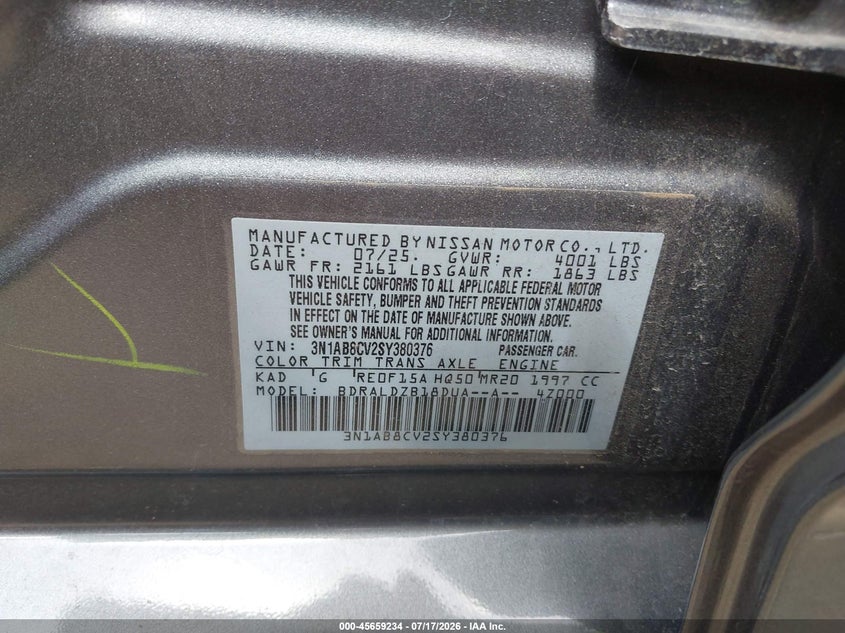 2025 Nissan Sentra VIN 3N1AB8CV2SY380376 IAAI salvage auction — RIGHT SIDE, Salvage Title, sold $12,500 on 2026-07-23 (photo 9)