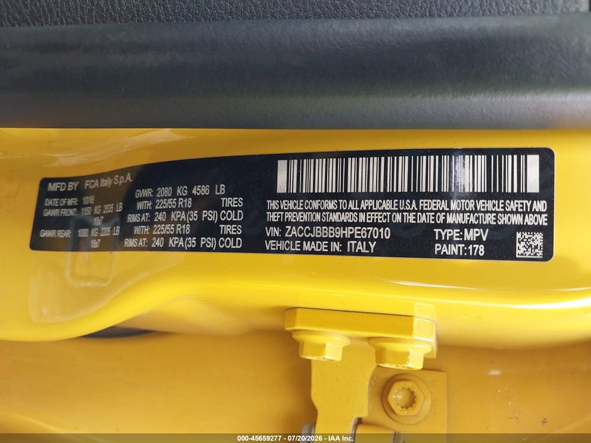 2017 Jeep Renegade VIN ZACCJBBB9HPE67010 IAAI salvage auction — FRONT END, Clear (Michigan), sold $1,050 on 2026-08-13 (photo 9)