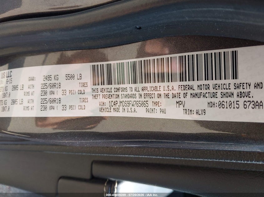 2015 Jeep Cherokee VIN 1C4PJMDS9FW765065 IAAI salvage auction — HAIL, Salvage Title, sold $1,650 on 2026-10-05 (photo 9)