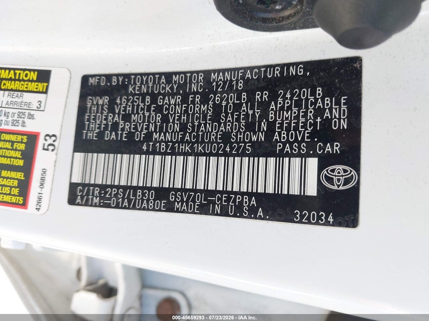 2019 Toyota Camry VIN 4T1BZ1HK1KU024275 IAAI salvage auction — REAR END, Salvage Title, sold $9,800 on 2026-07-31 (photo 9)