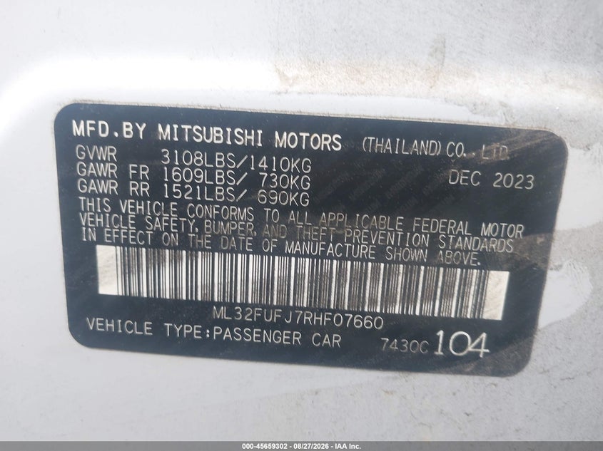 2024 Mitsubishi Mirage VIN ML32FUFJ7RHF07660 IAAI salvage auction — FRONT END, Wait Title, sold $0 on 2026-10-09 (photo 9)