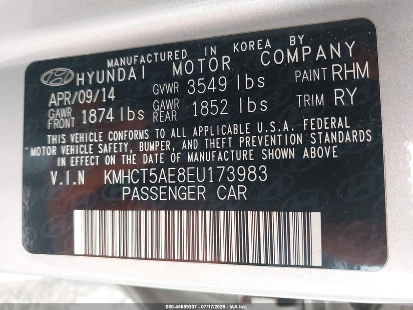 2014 Hyundai Accent VIN KMHCT5AE8EU173983 IAAI salvage auction — NORMAL WEAR, Clear (Pennsylvania), sold $25 on 2026-07-24 (photo 9)