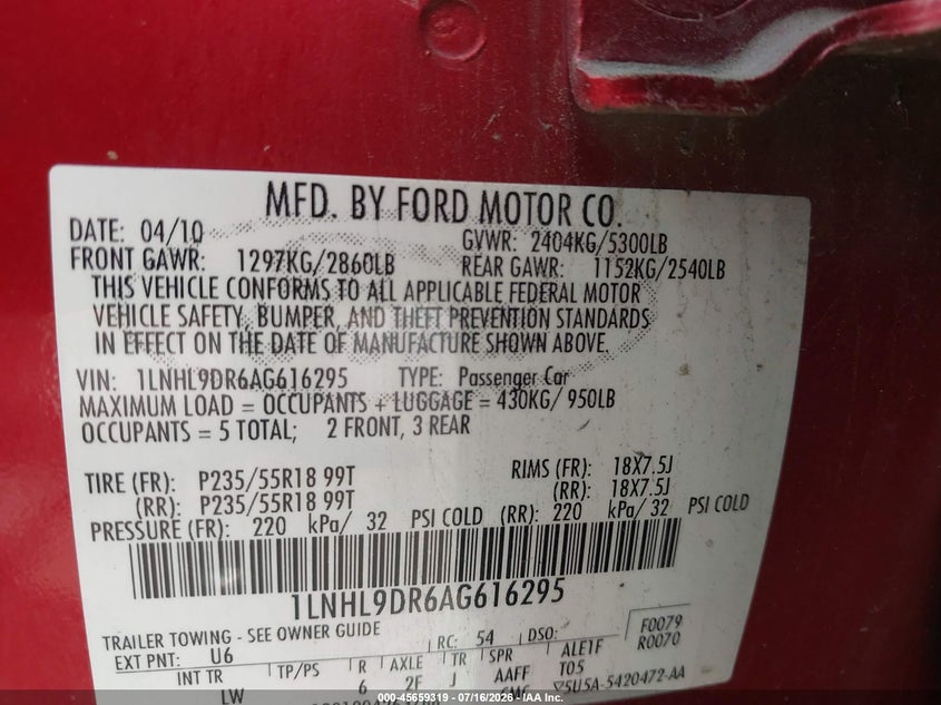 2010 Lincoln Mks VIN 1LNHL9DR6AG616295 IAAI salvage auction — FRONT END, Salvage (Texas), sold $550 on 2026-09-03 (photo 9)