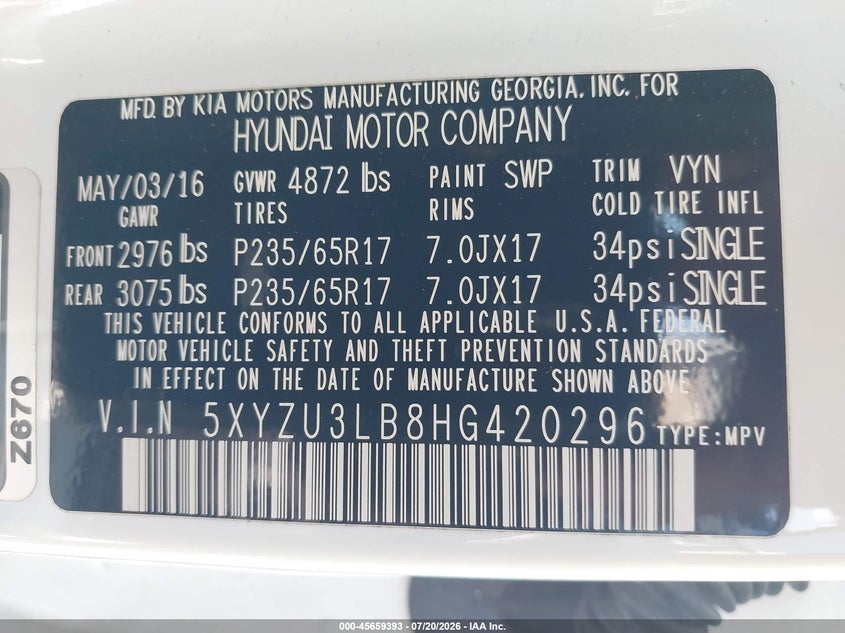 2017 Hyundai Santa fe VIN 5XYZU3LB8HG420296 IAAI salvage auction — FRONT END, Salvage - Greater Than 75% (Maryland), sold $2,150 on 2026-08-01 (photo 9)