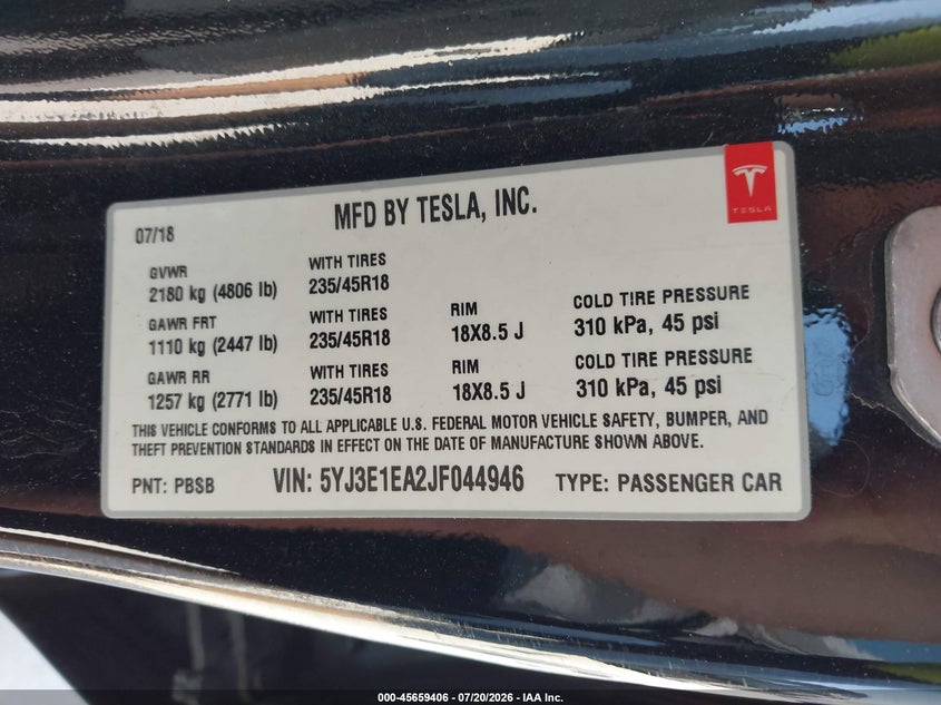 2018 Tesla Model 3 VIN 5YJ3E1EA2JF044946 IAAI salvage auction — FRONT END, Original (Texas), sold $8,825 on 2026-09-11 (photo 9)