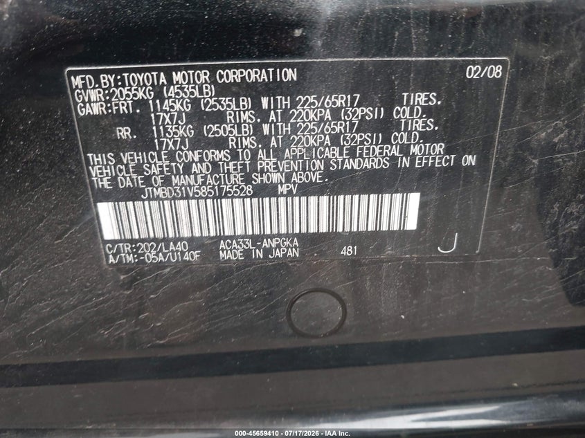 2008 Toyota Rav4 VIN JTMBD31V585175528 IAAI salvage auction — NORMAL WEAR, Original (Ohio), sold $325 on 2026-07-28 (photo 9)