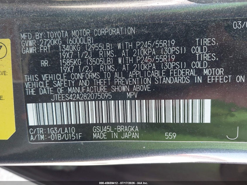 2008 Toyota Highlander VIN JTEES42A282075095 IAAI salvage auction — NORMAL WEAR, Clear (Pennsylvania), sold $1,350 on 2026-07-30 (photo 9)