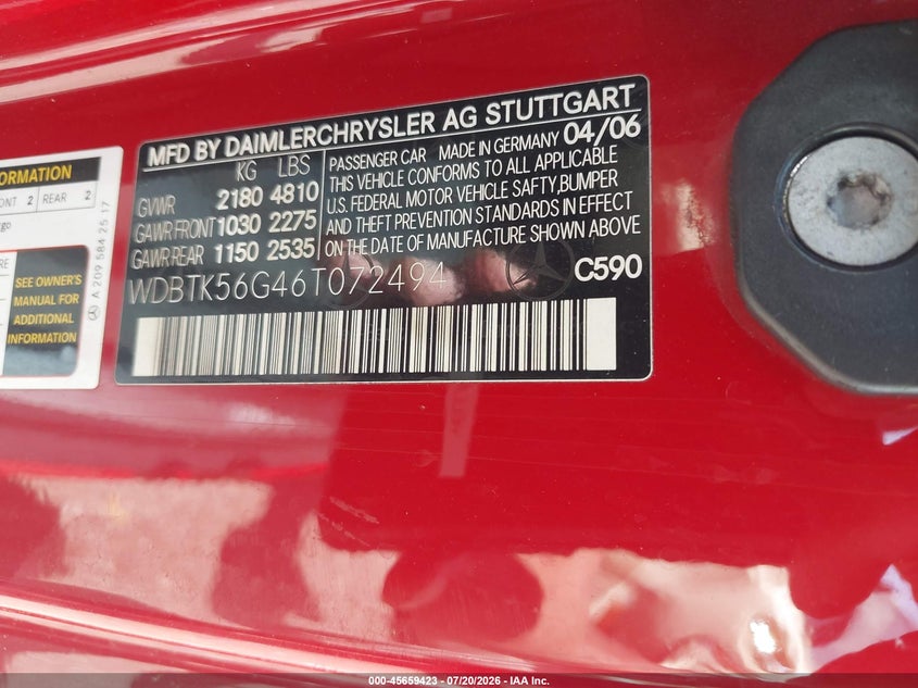 2006 Mercedes-benz Clk-class VIN WDBTK56G46T072494 IAAI salvage auction — NORMAL WEAR, Clear (Alabama), sold $250 on 2026-08-12 (photo 9)