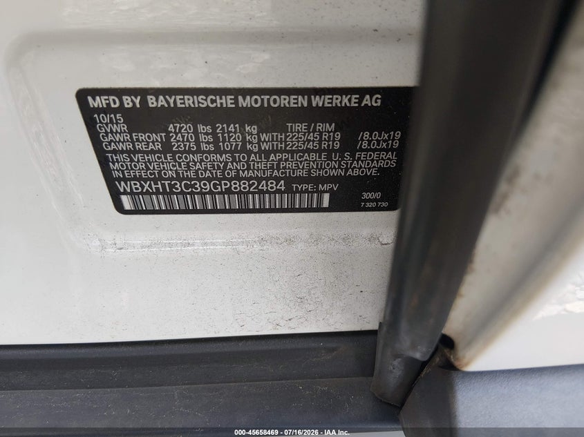 2016 BMW X1 VIN WBXHT3C39GP882484 IAAI salvage auction — NORMAL WEAR, Clear (Georgia), sold $2,225 on 2026-07-31 (photo 9)