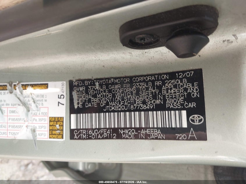 2008 Toyota Prius VIN JTDKB20U187738491 IAAI salvage auction — NORMAL WEAR, Clear (Michigan), sold $525 on 2026-07-27 (photo 9)