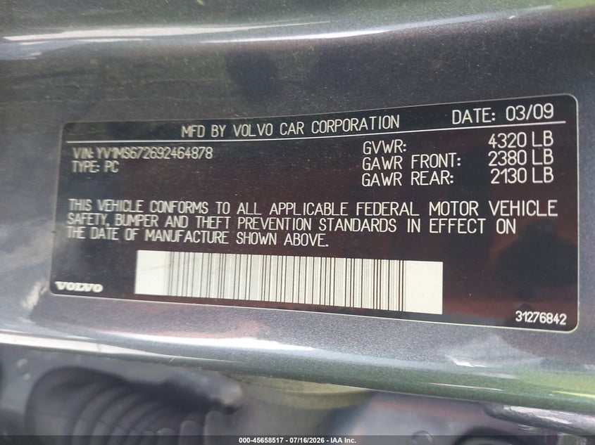 2009 Volvo S40 VIN YV1MS672692464878 IAAI salvage auction — NORMAL WEAR, Clear (Tennessee), sold $575 on 2026-08-13 (photo 9)