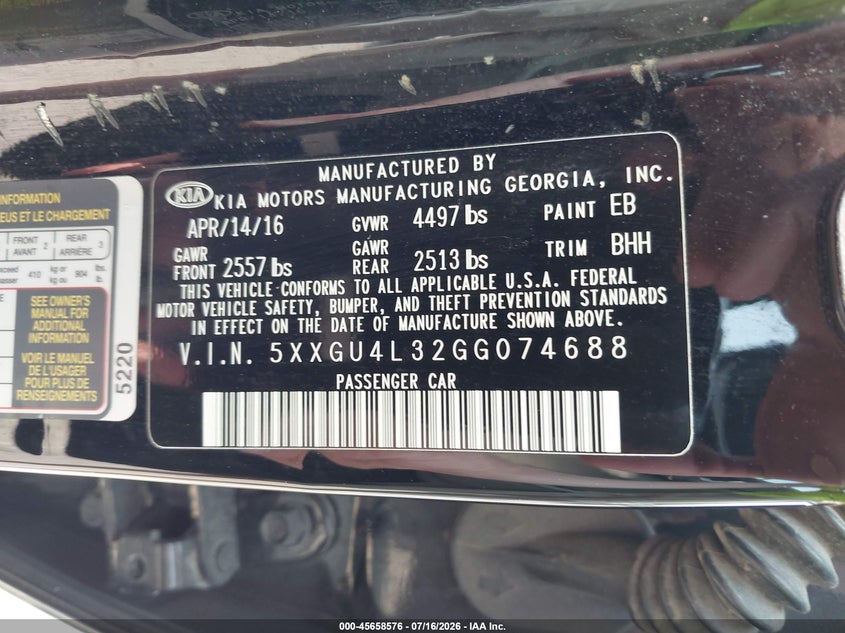 2016 Kia Optima VIN 5XXGU4L32GG074688 IAAI salvage auction — FRONT & REAR, Clear (Minnesota), sold $75 on 2026-07-29 (photo 9)