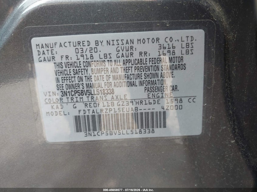 2020 Nissan Kicks VIN 3N1CP5BV5LL518338 IAAI salvage auction — NORMAL WEAR, SF97 (Virginia), sold $9,400 on 2026-07-22 (photo 9)