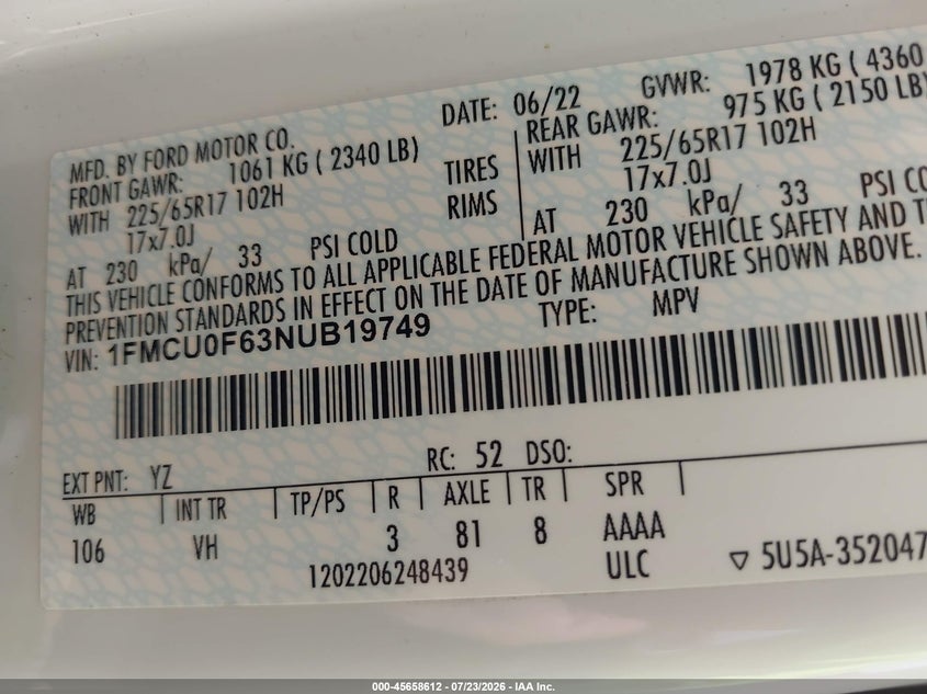 2022 Ford Escape VIN 1FMCU0F63NUB19749 IAAI salvage auction — Front End, Clear, sold $3,800 on 2026-10-19 (photo 9)