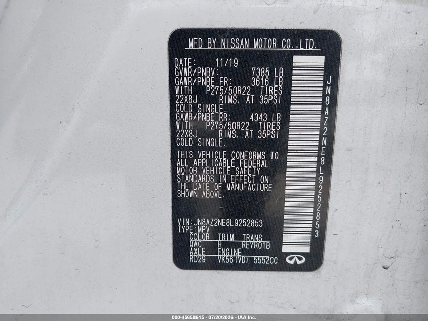 2020 Infiniti Qx80 VIN JN8AZ2NE8L9252853 IAAI salvage auction — SIDE, Wait Title, sold $12,500 on 2026-08-01 (photo 9)