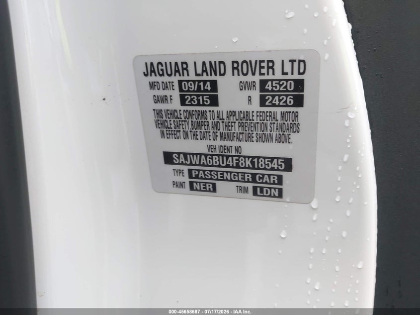 2015 Jaguar F-type VIN SAJWA6BU4F8K18545 IAAI salvage auction — FRONT END, Salvage Title, sold $7,925 on 2026-08-18 (photo 9)