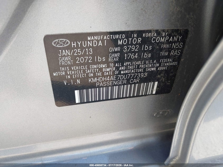 2013 Hyundai Elantra VIN KMHDH4AE7DU777393 IAAI salvage auction — NORMAL WEAR, Clear (New York), sold $275 on 2026-07-28 (photo 9)