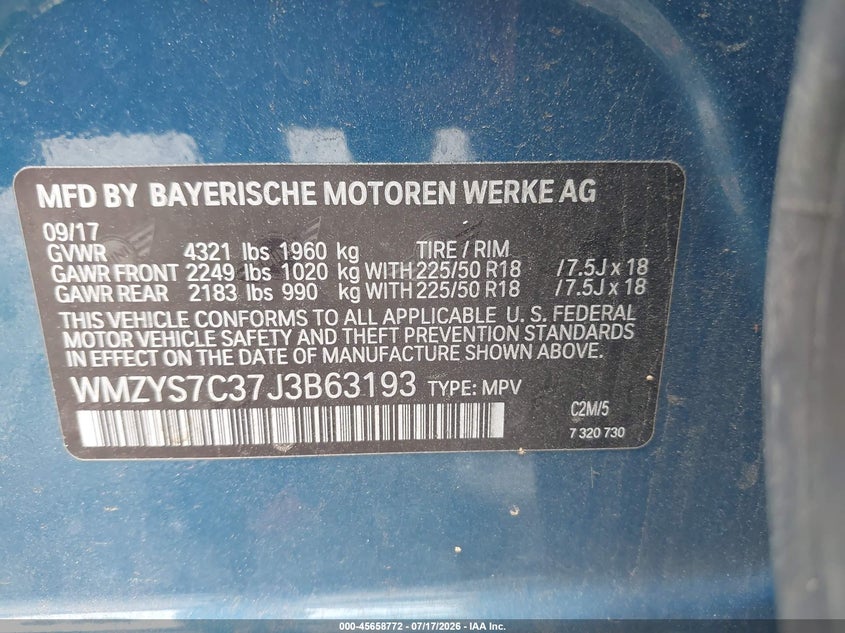 2018 Mini Countryman VIN WMZYS7C37J3B63193 IAAI salvage auction — NORMAL WEAR, Salvage Title, sold $25 on 2026-07-29 (photo 9)