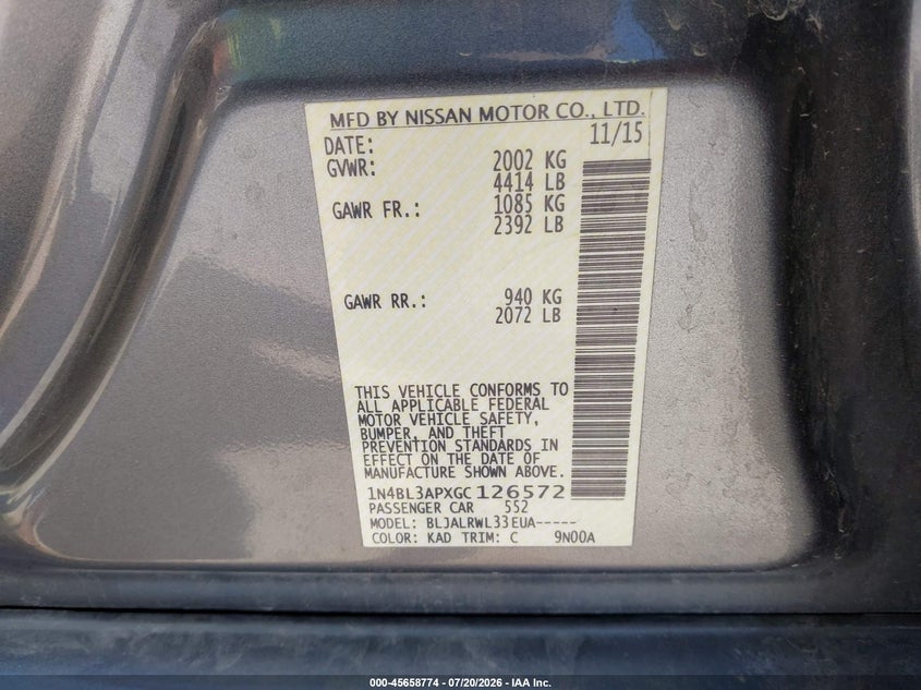 2016 Nissan Altima VIN 1N4BL3APXGC126572 IAAI salvage auction — FRONT END, Salvage (Nebraska), sold $3,050 on 2026-08-22 (photo 9)