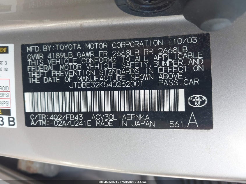 2004 Toyota Camry VIN JTDBE32K540262001 IAAI salvage auction — FRONT END, Salvage (North Carolina), sold $550 on 2026-07-31 (photo 9)