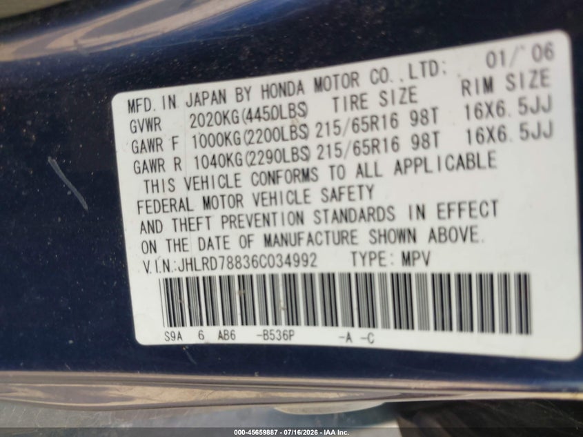 2006 Honda Cr-v VIN JHLRD78836C034992 IAAI salvage auction — NORMAL WEAR, Clear (Indiana), sold $400 on 2026-07-29 (photo 9)